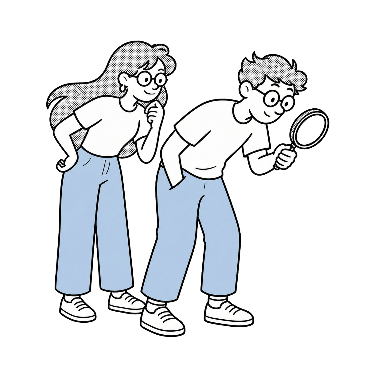 Velta mascots looking through a magnifying glass