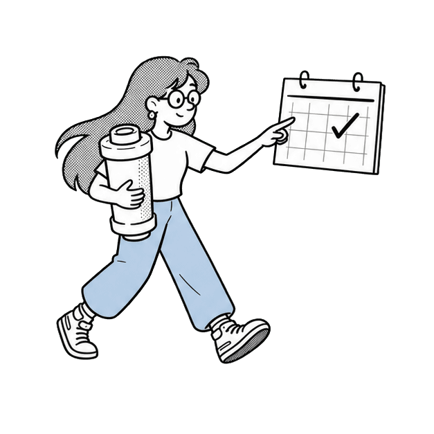 Velta mascot carrying a replacement filter and pointing to a calendar