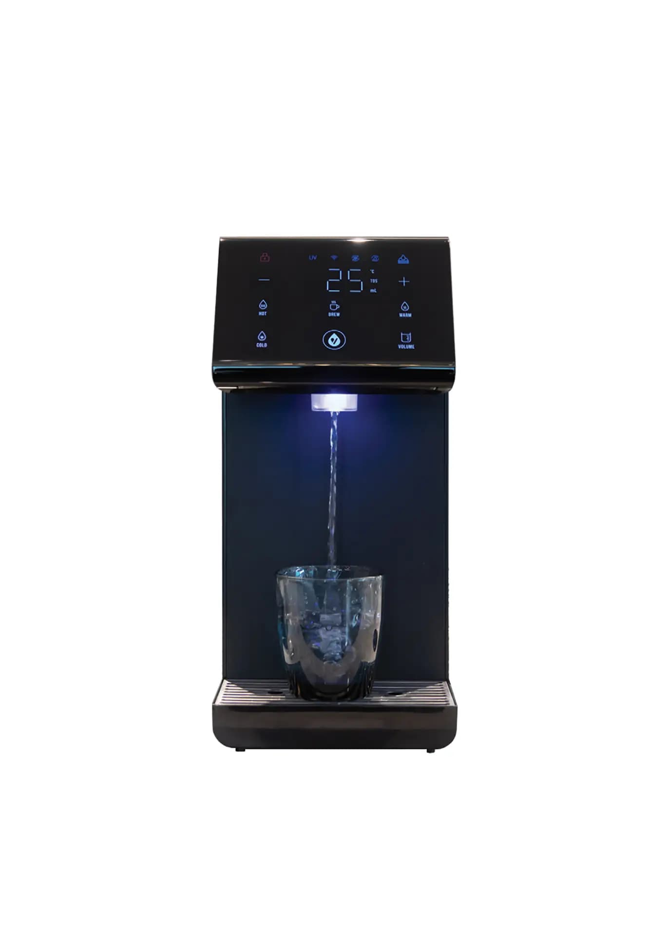 Front view of the Carbon Black Velta HydroForm+ dispensing water