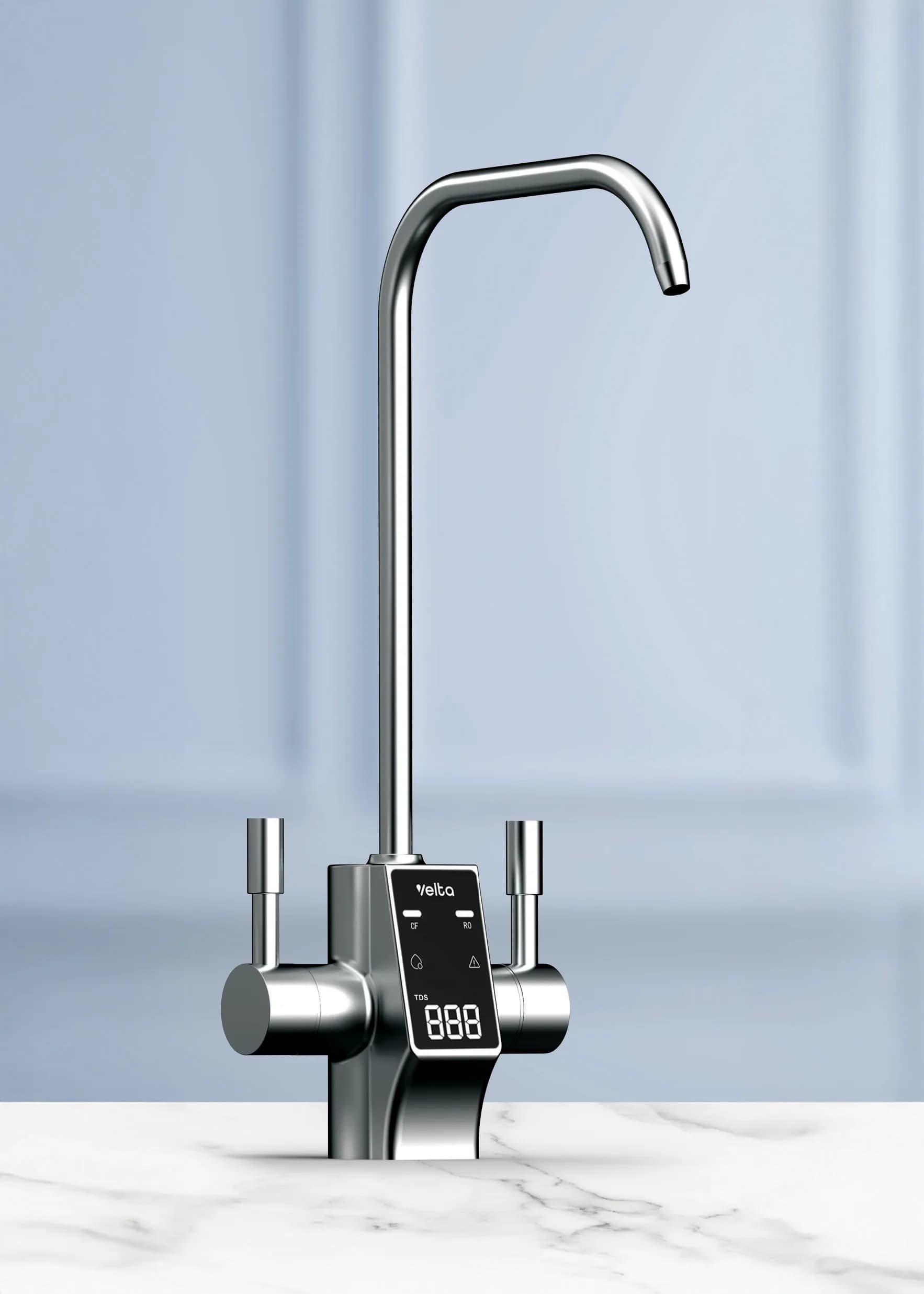 Close product view of the Velta HydroView+ display faucet