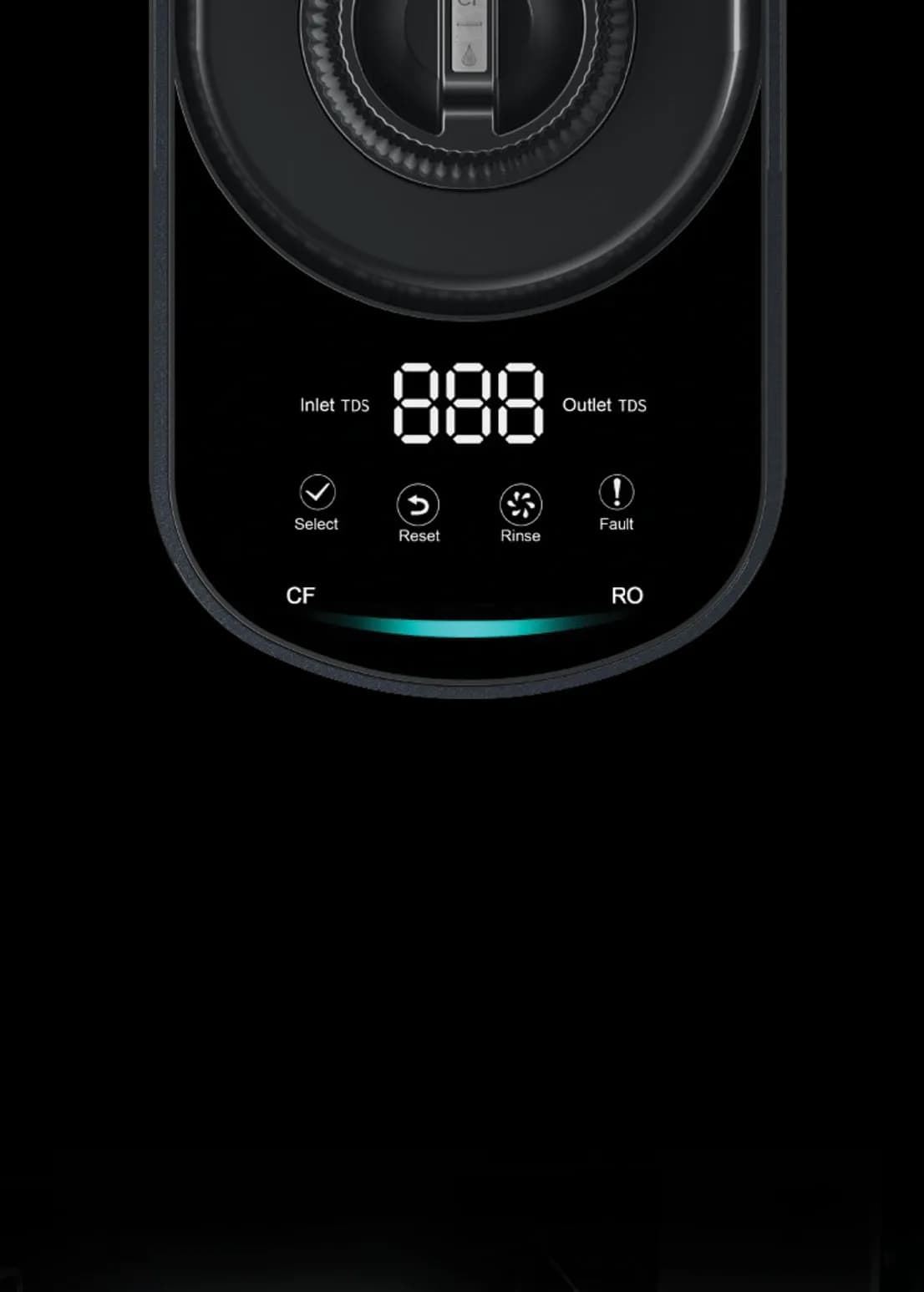 Close view of the Velta HydroView+ TDS and filter-status display