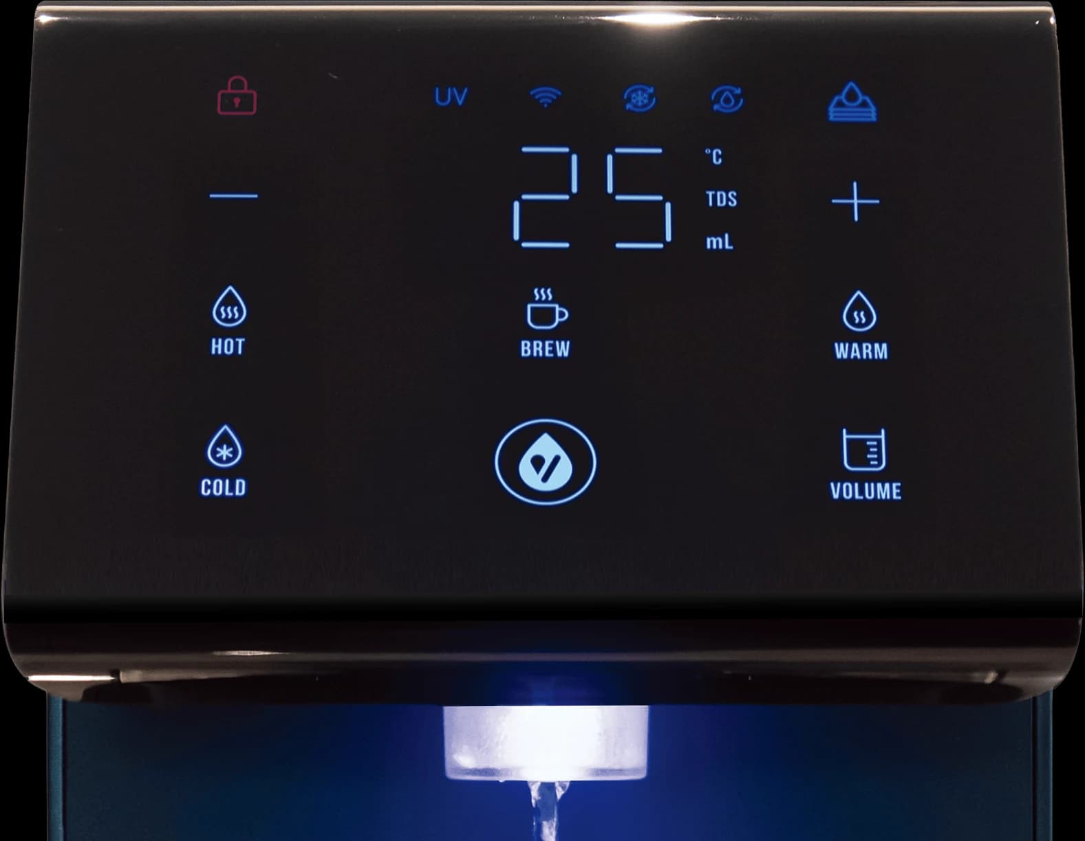 HydroForm+ full-touch display with temperature, volume, TDS and appliance controls
