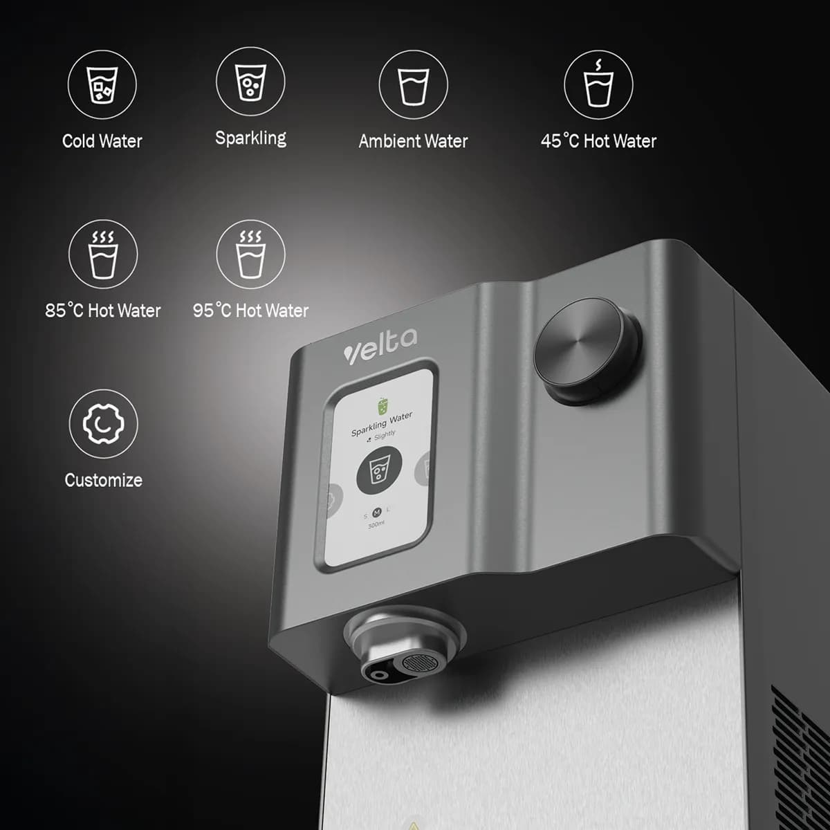 HydroSpark+ screen showing sparkling, cold, ambient and hot water controls