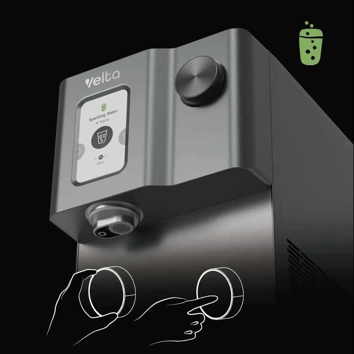 HydroSpark+ twist-and-press control knob illustration