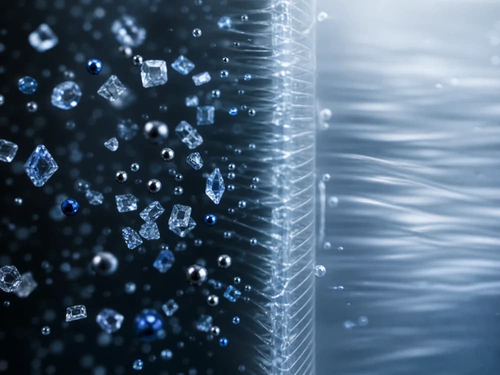 Illustration of dissolved salts and selected metals meeting a reverse-osmosis membrane