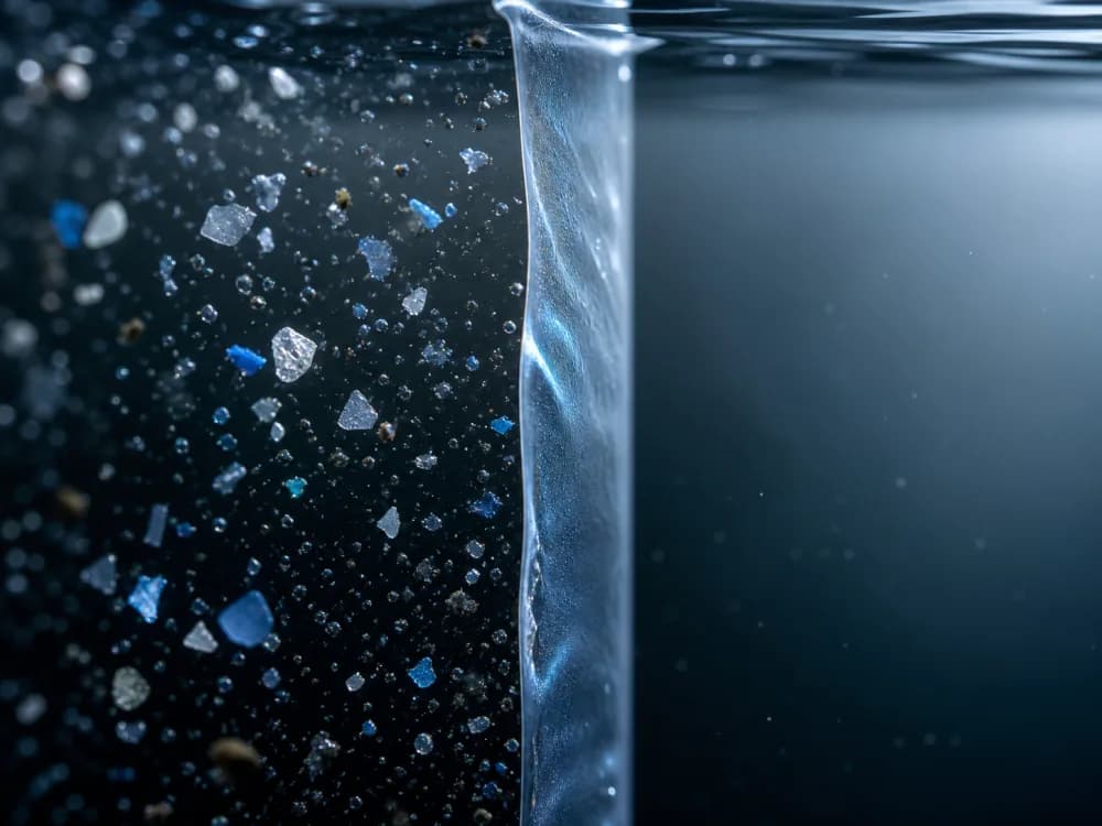 Illustration of fine particles and microplastics meeting a filtration membrane