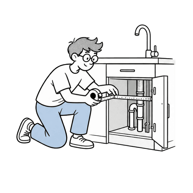 Velta mascot measuring the cabinet below a kitchen sink