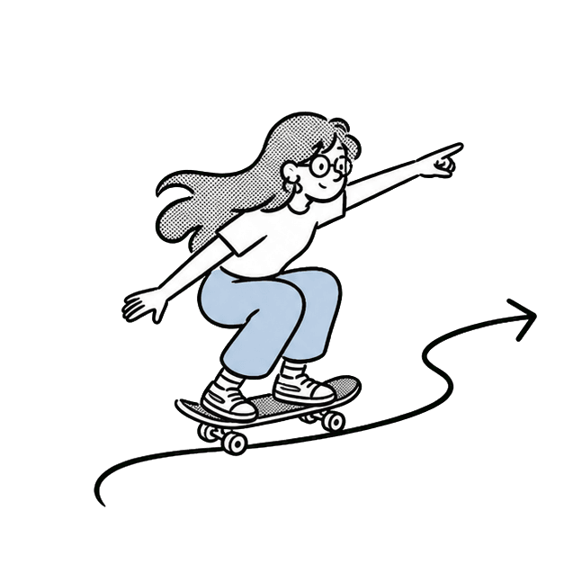 Velta female mascot skateboarding along a single path and pointing ahead