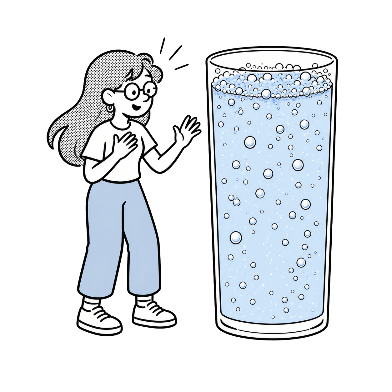Velta female mascot pleasantly surprised by a person-height glass of sparkling water