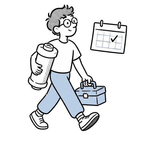 Velta male mascot carrying a replacement filter and service toolbox