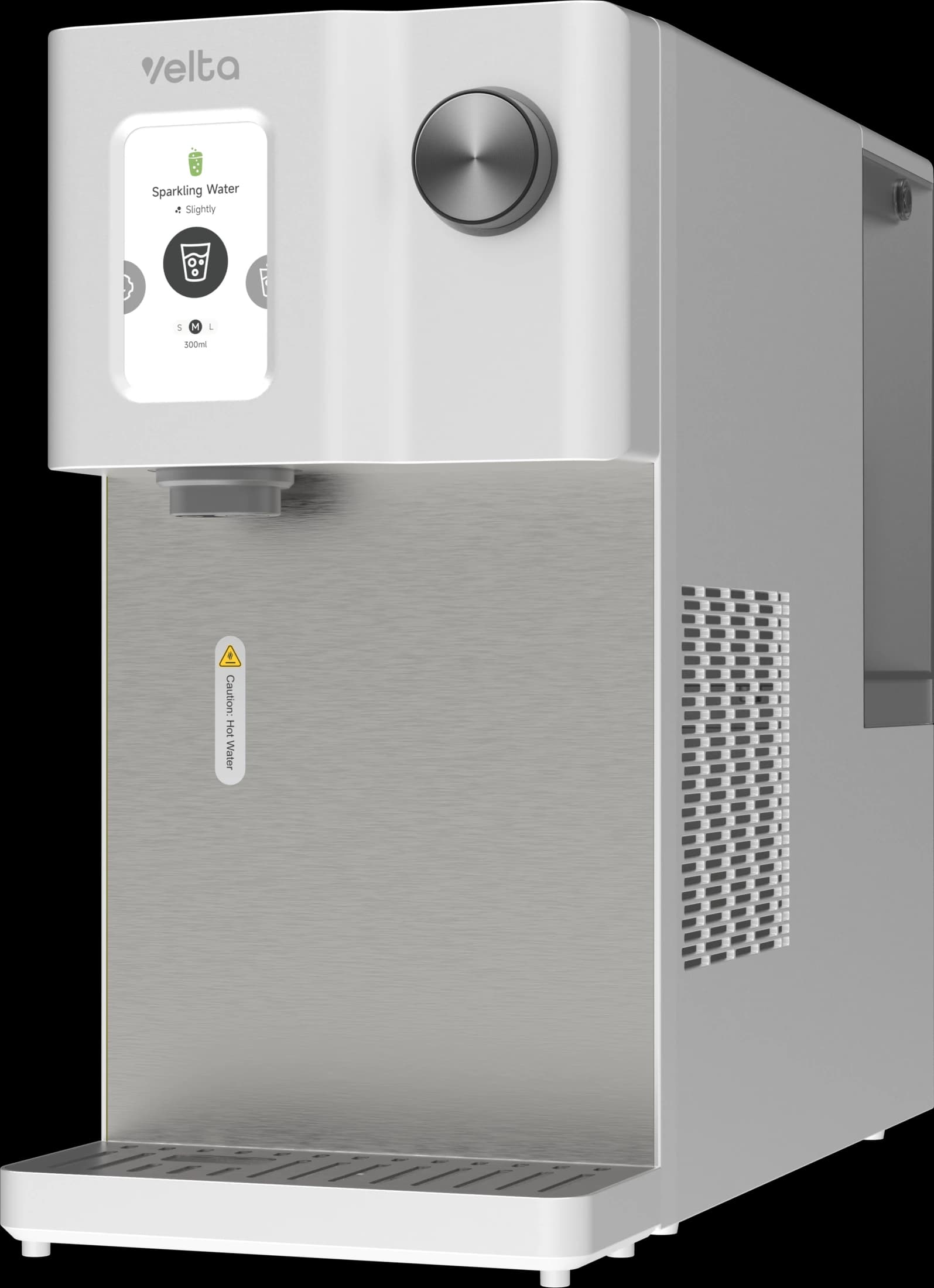 Three-quarter view of the Arctic White Velta HydroSpark+