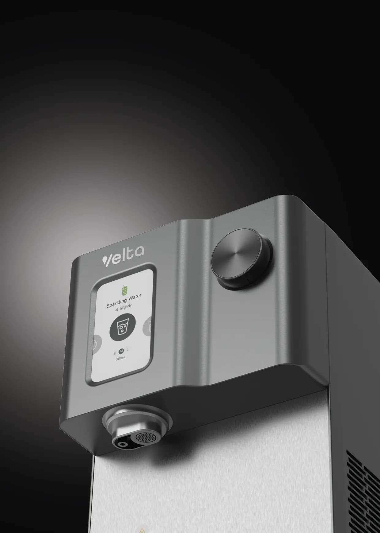 Close view of the HydroSpark+ screen, knob and dispense area