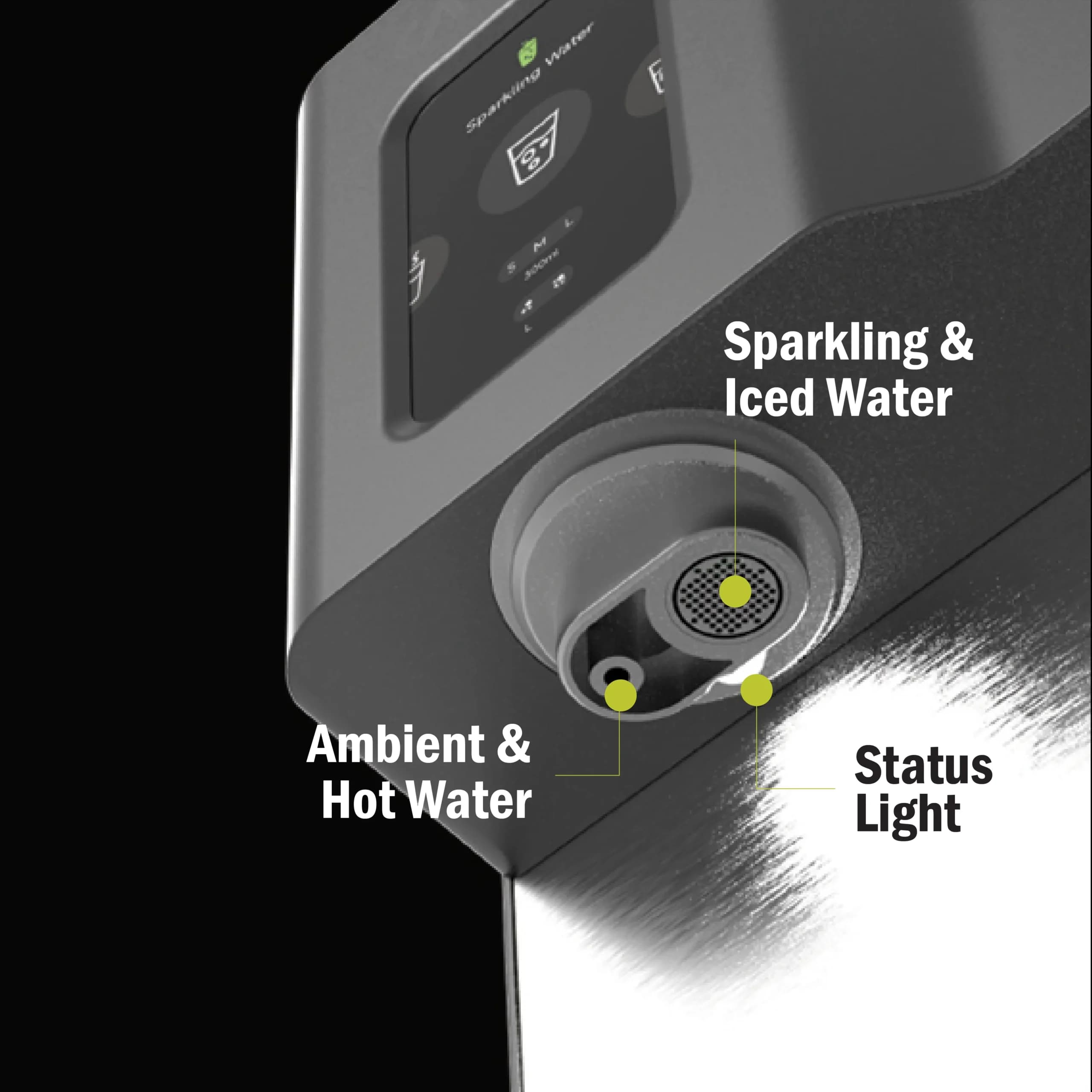 Close view of HydroSpark outlet paths and status light