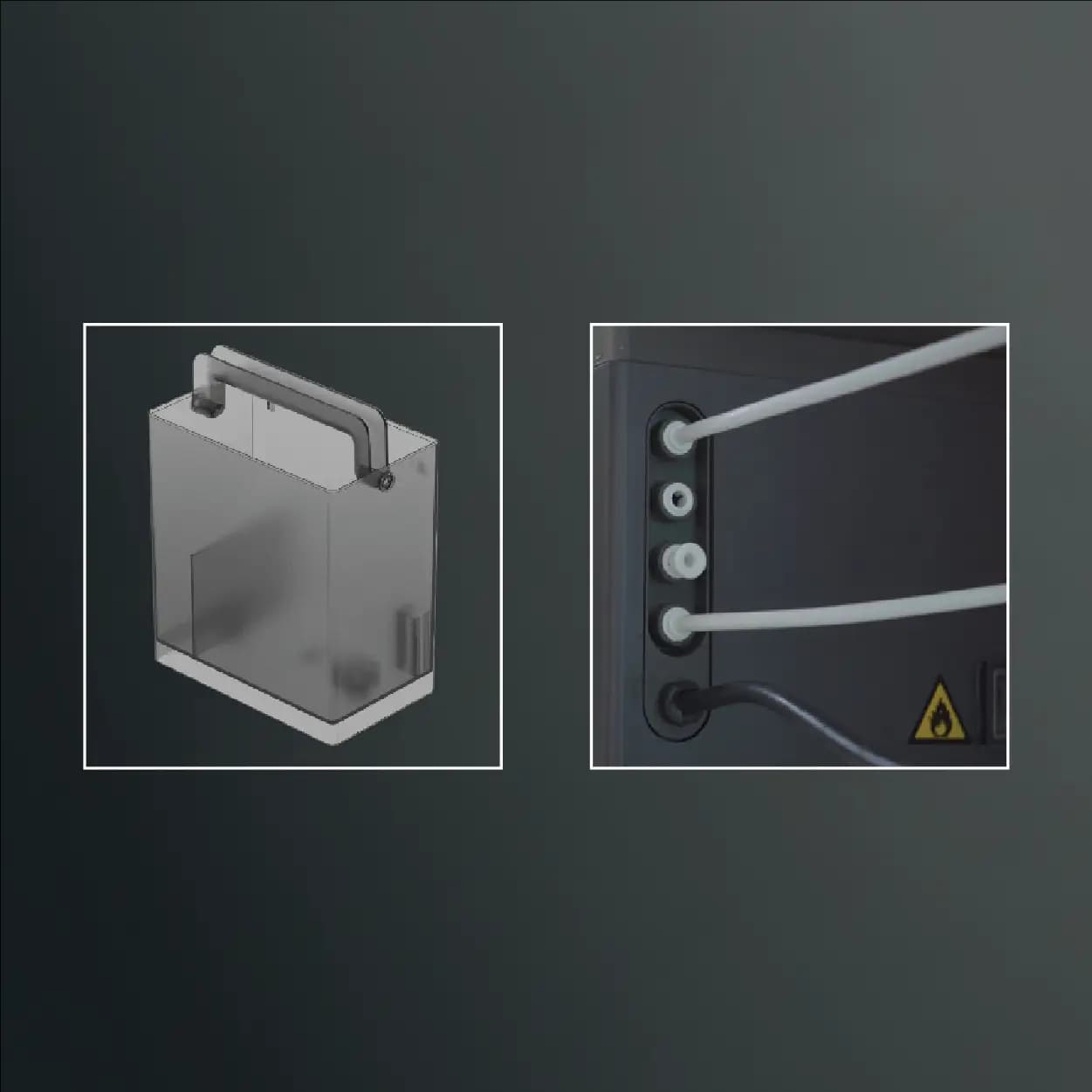 HydroSpark refill tank and connected inlet and drain ports