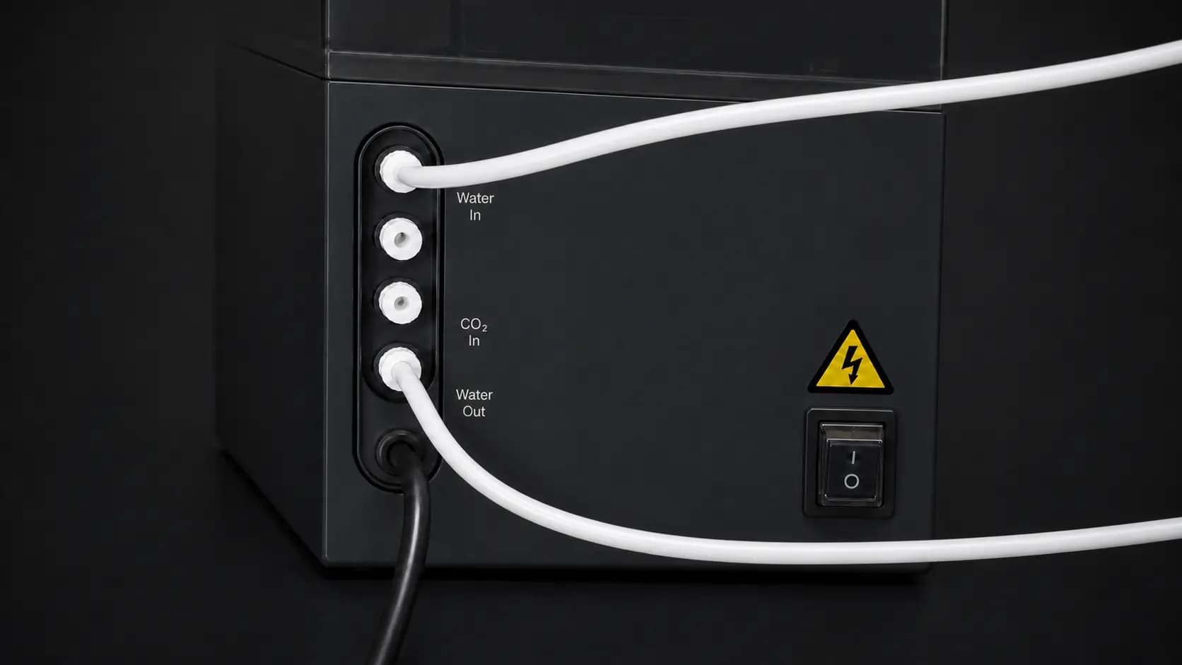 HydroSpark+ connected inlet and drain tubing ports