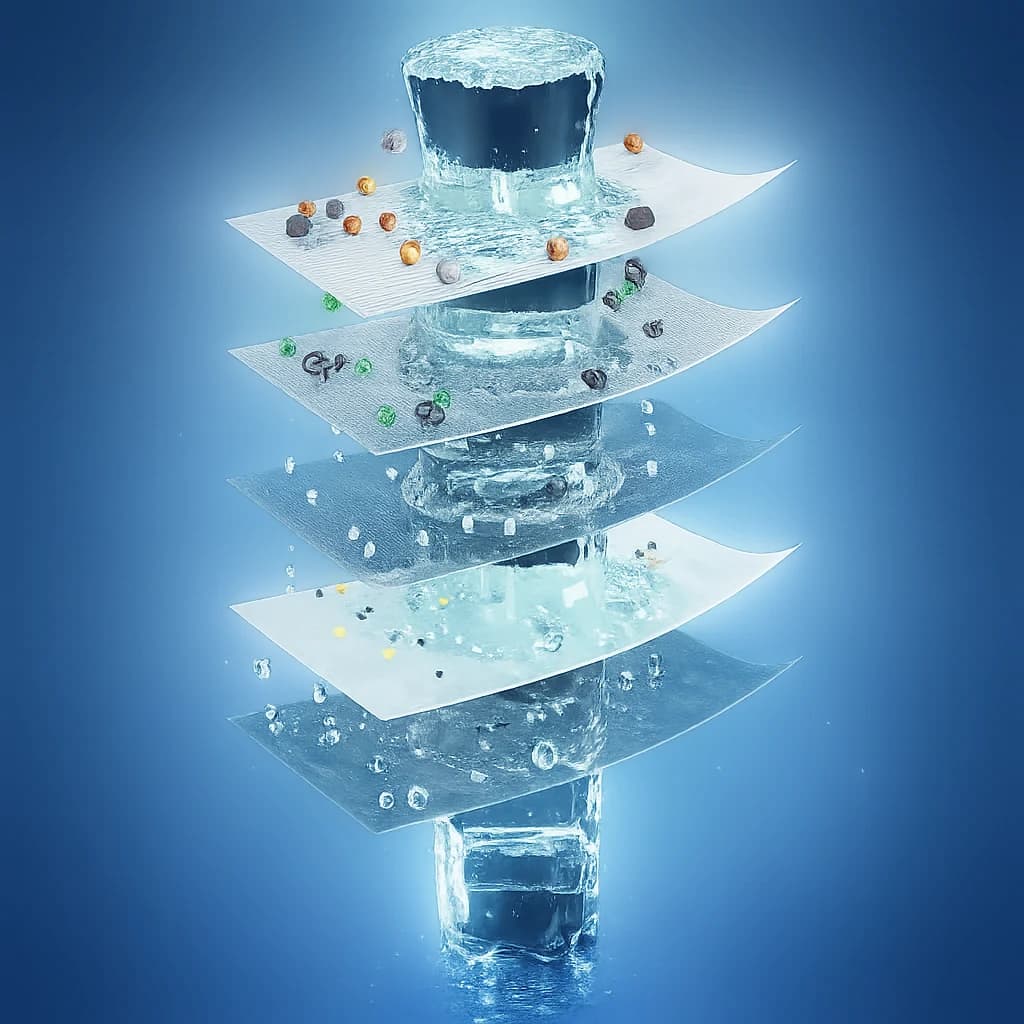 Exploded multi-stage water-filtration illustration