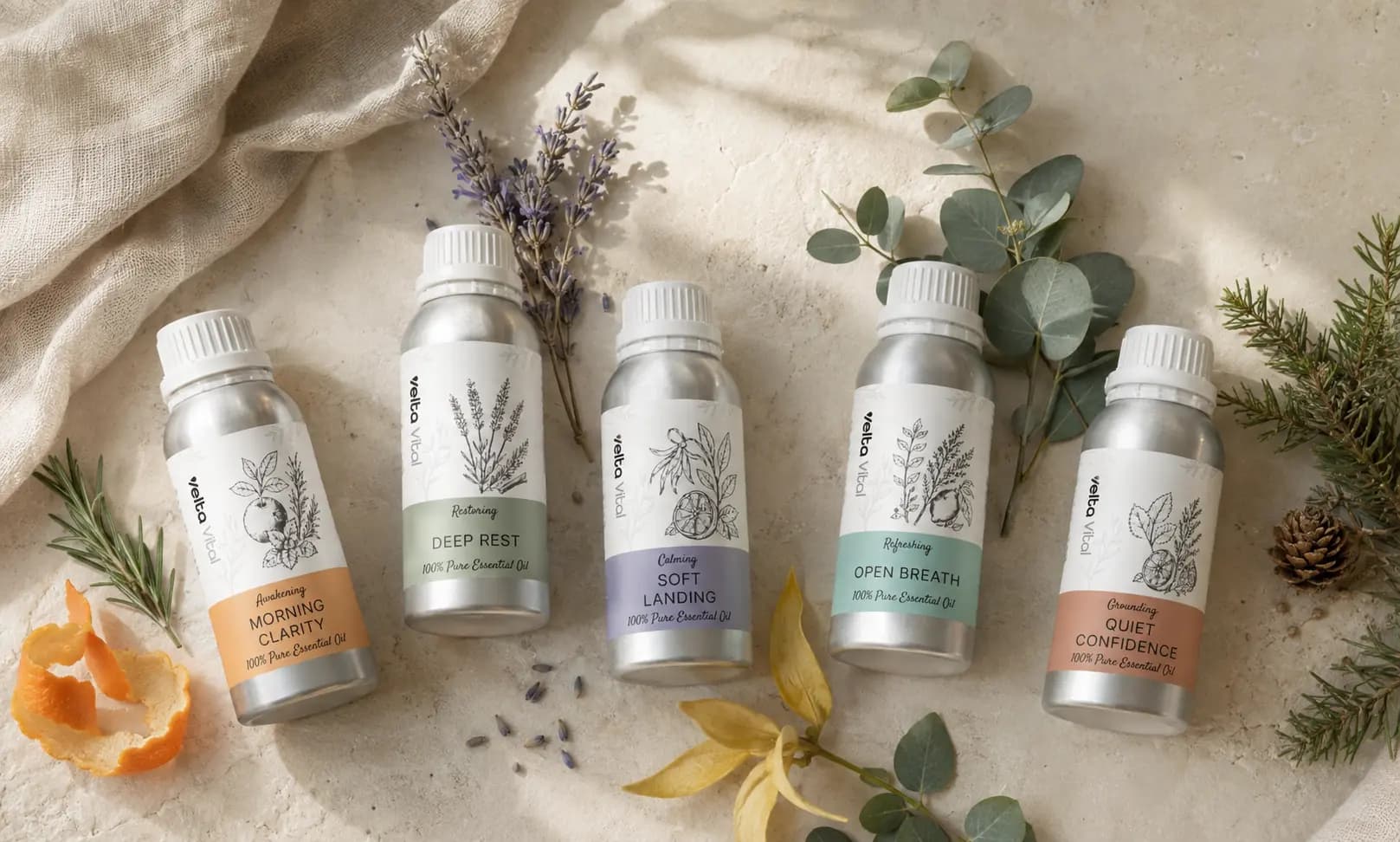 Velta Vital essential oil collection with botanicals